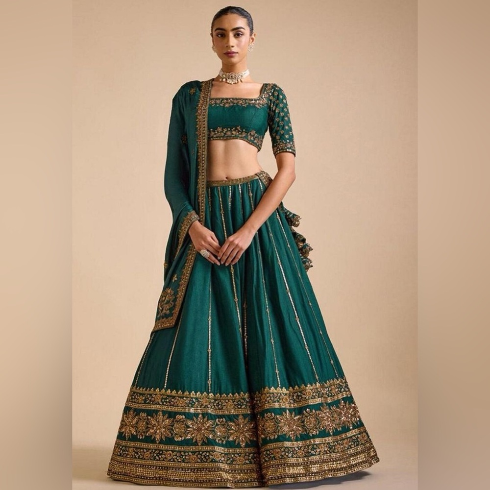 Dark Green Sequin Embroidered Silk Lehenga Set